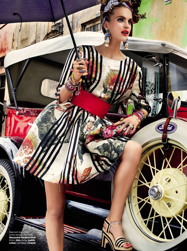 Carmen Miranda Reloaded editorial striped dress in Vogue Brazil February 2013 with Mirte Maas, Suzane & Suzana - saved by Chic n Cheap Living