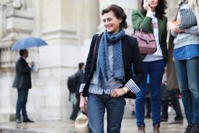 Ines de la Fressange in jacket and scarf