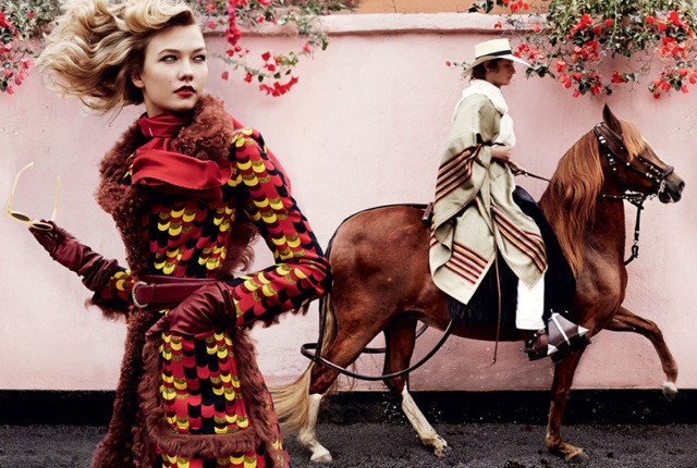 Horses Karlie Kloss in coat with print Vogue September 2014