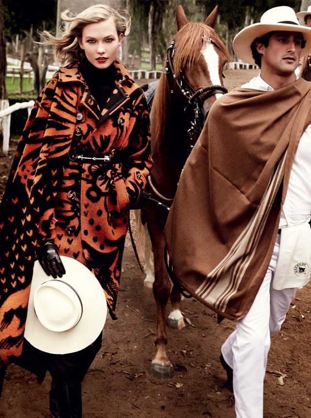 Horses Karlie Kloss in orange coat Vogue September 2014