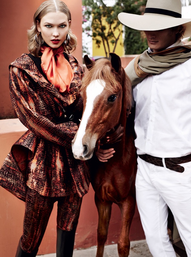 Horses Karlie Kloss in orange scarf Vogue September 2014