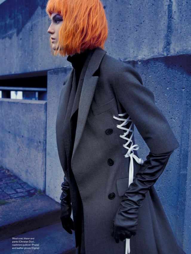 orange hair Elle_Canada_-_October_2014 Christian Dior gray coat