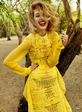 Ray of Light Jenna Castilloux in yellow crochet dress for Elle_Canada_May 2015