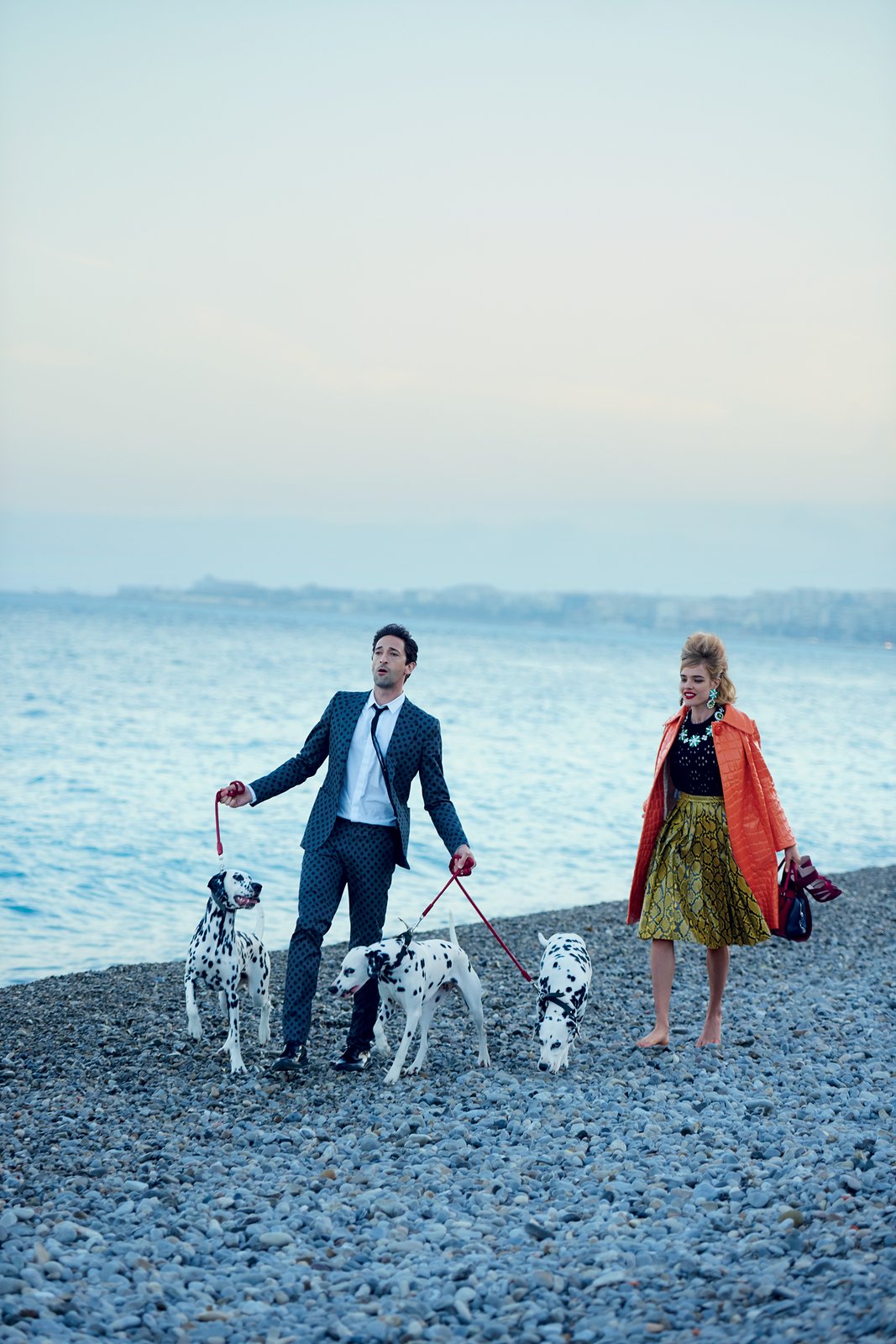 adrien-brody-natalia-vodianova-vogue-July 2015 with dalmations