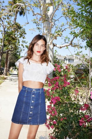 Alexa-Chung-AG-Jeans-Collection white top and denim skirt