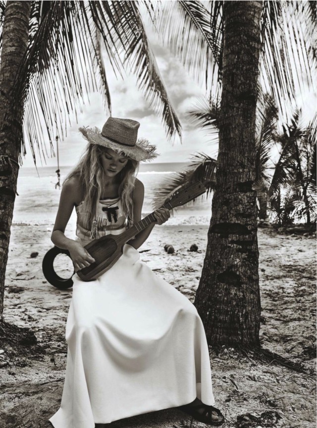 castaway Maggie Lane in white dress photography by Hugh Gubert for Marie Claire Australia December 2015