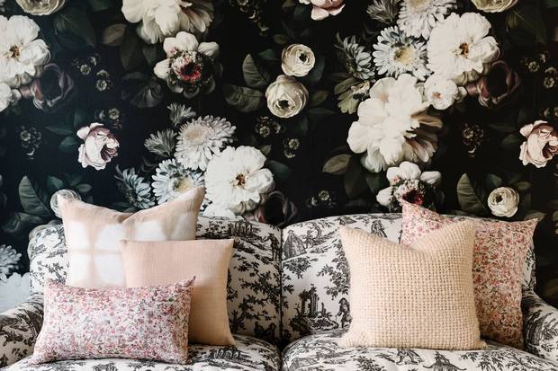 Rebecca Taylor's Chic New York Office blush and black floral Ellie Cashman  wallpaper rebecca taylor office JULIA ROBBS FOR HOMEPOLISH pillows - little  luxury list