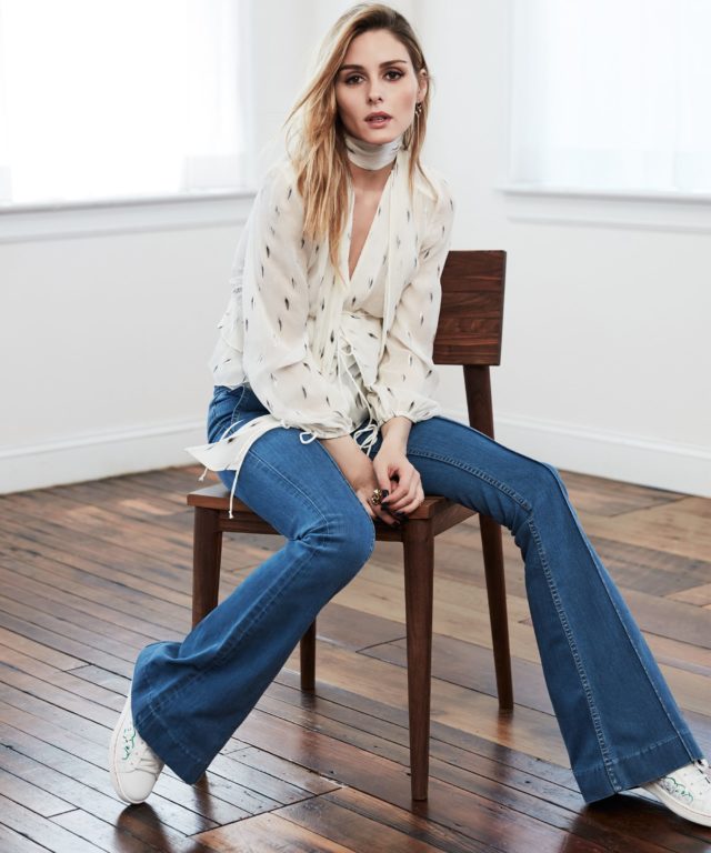 Olivia Palermo x Chelsea28 for Nordstrom tie neck shirt and jeans