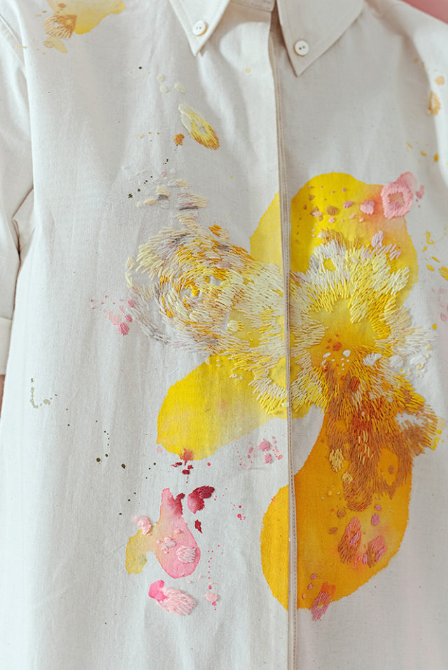 Paint Splotch Embroidered Clothing by Olya Glagoleva and Lisa Smirnova white shirt with yellow flowers 