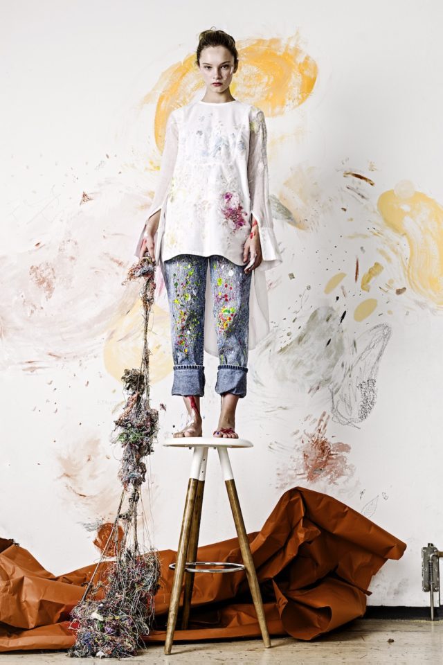 Paint Splotch Embroidered Clothing by Olya Glagoleva and Lisa Smirnova white shirt and jeans
