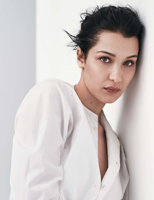 Bella Hadid for Elle France May 2017 collarless buttown down shirt