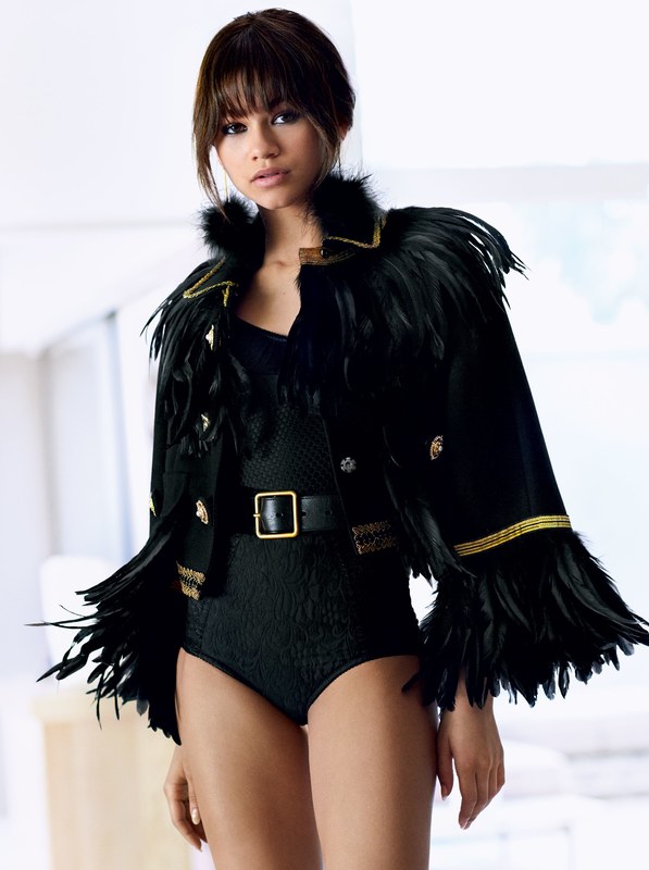 Zendaya by Mario Testino for Vogue July 2017 in black feather jacket