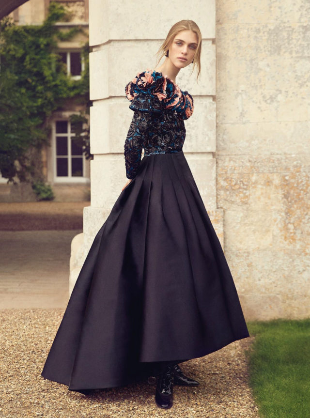 Hedvig Palm in Harper's Bazaar UK December 2017 black dress with flowers