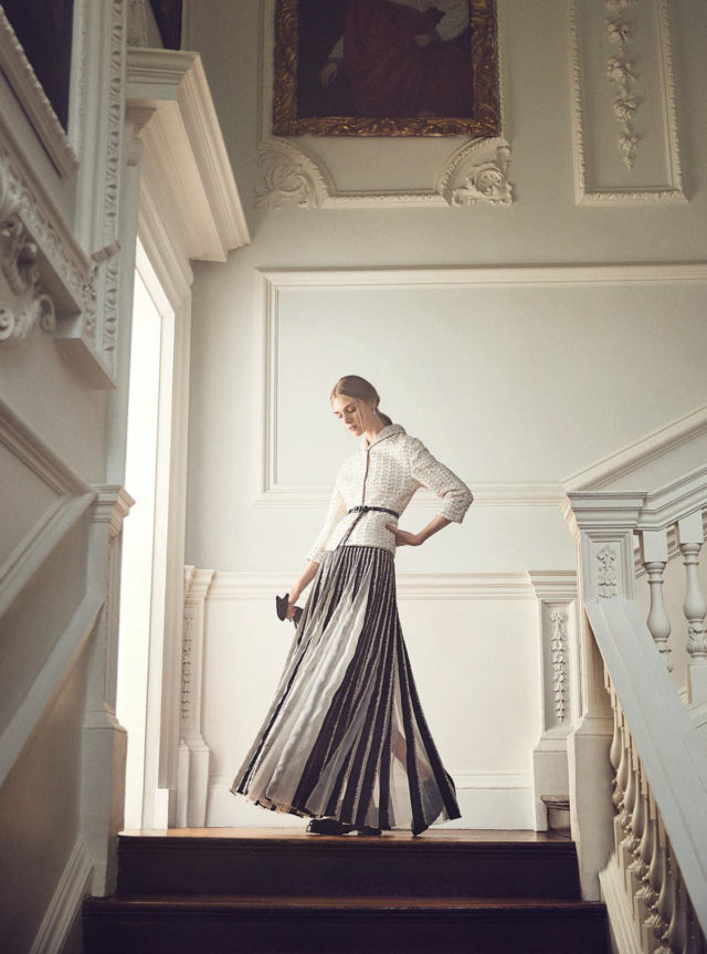 Hedvig Palm in Harper's Bazaar UK December 2017 maxi pleated skirt