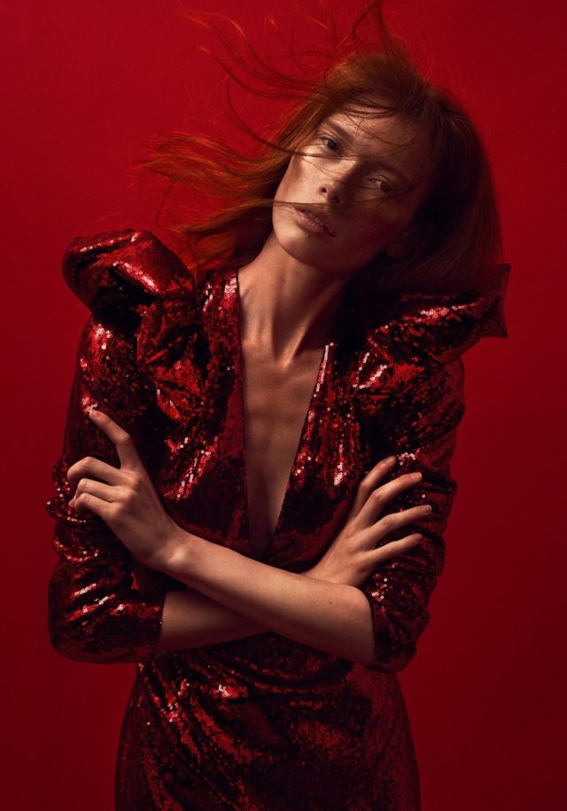 Julia Hafstrom By Kristian Schuller for Harper's Bazaar Turkey December 2017 - red sequined gown