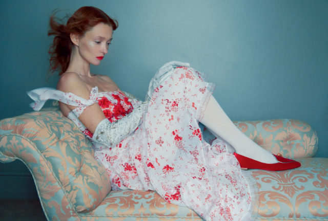 Audrey Marnay for UK Harper’s Bazaar April 2018 - red and white dress