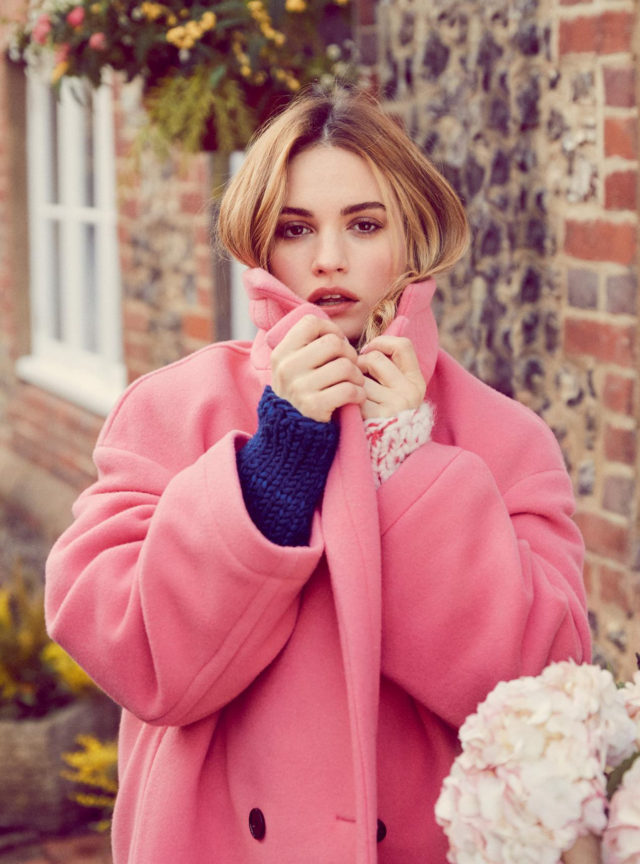 Lily James by Richard Phibbs for UK Harper’s Bazaar April 2018 - pink coat closeup