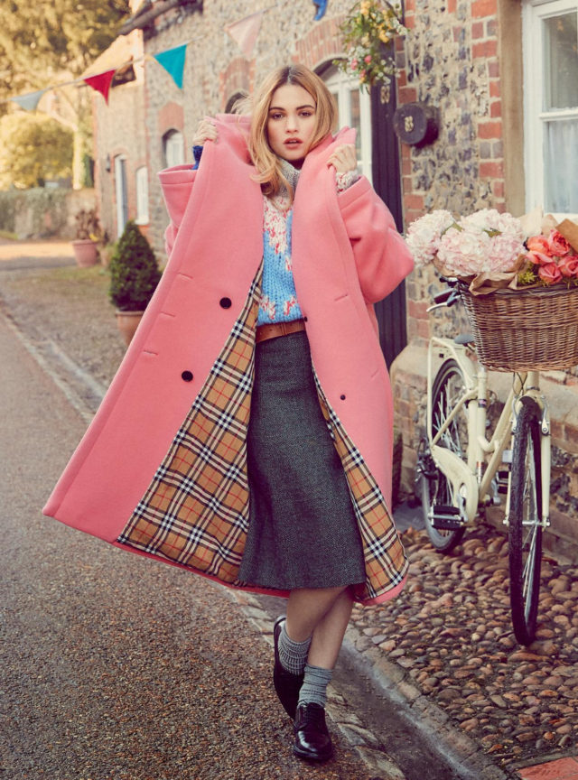 Lily James by Richard Phibbs for UK Harper’s Bazaar April 2018 - pink coat