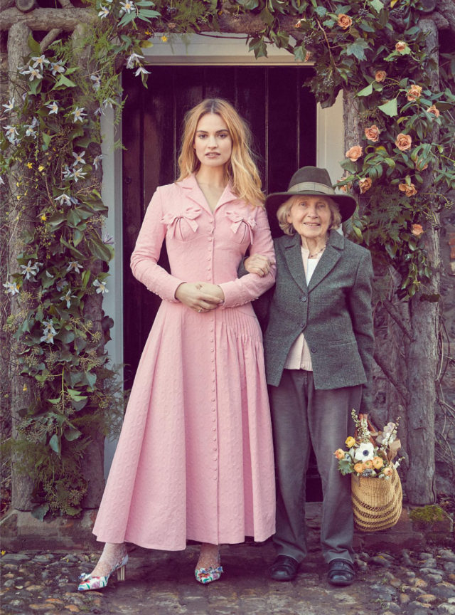 Lily James by Richard Phibbs for UK Harper’s Bazaar April 2018 - pink long dress