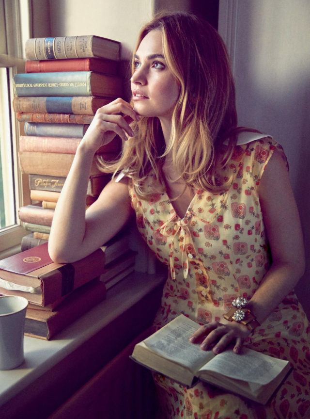 Lily James by Richard Phibbs for UK Harper’s Bazaar April 2018 - with books