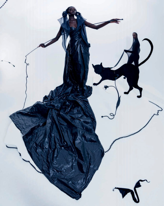 Spirits Within by Tim Walker for Vogue Italia February 2018 - long vinyl dress and cat