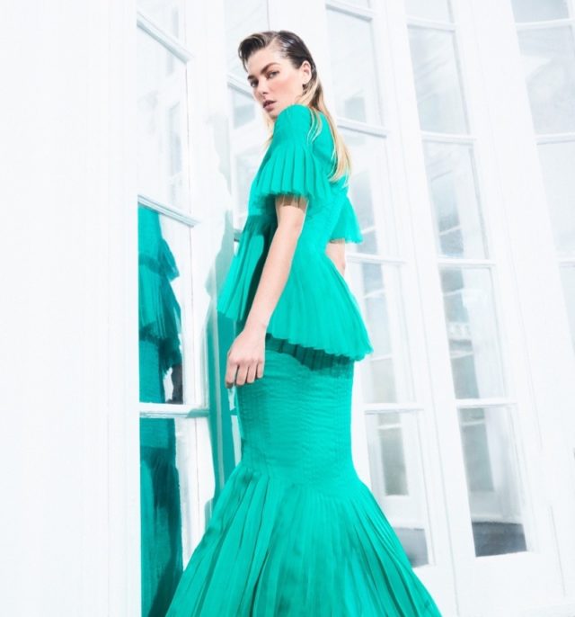 Jessica Hart By Pedro Quintana for Harper's Bazaar Chile June 2018 - green dress with fishtail hem