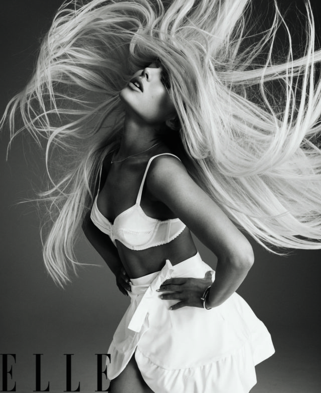 Ariana Grande by Alexi Lubomirski for US Elle August 2018 - white bra and skirt
