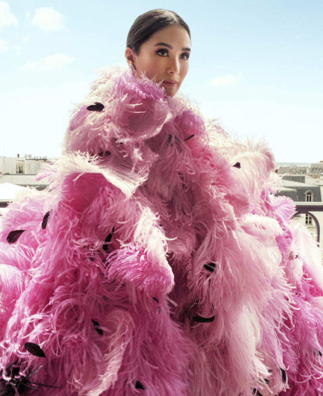 Crazy rich couture in US Harper’s Bazaar September 2018 - pink ostrich dress