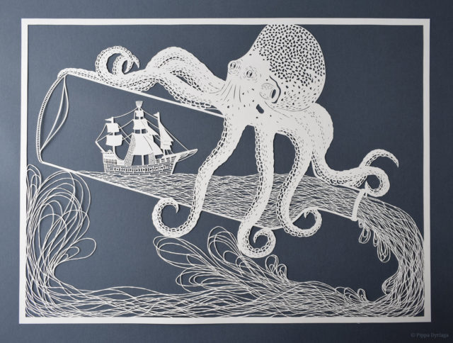 Extraordinary paper cuttings by Pippa Dyrlaga - octopus and ship in a bottle