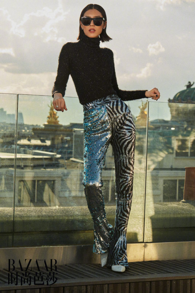 Liu Wen for Harper's Bazaar China August 2018 - sequin zebra pants