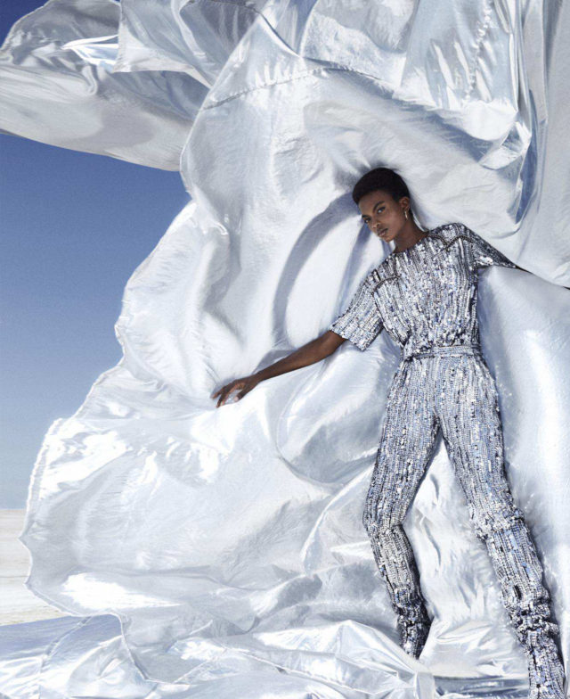 Aube Jolicoeur for US Harper's Bazaar September 2018 - silver sequined jumpsuit