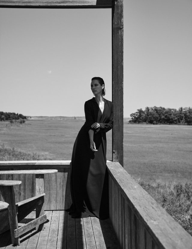 Christy Turlington by Chris Colls for Vogue Poland September 2018 - in black dress by beam