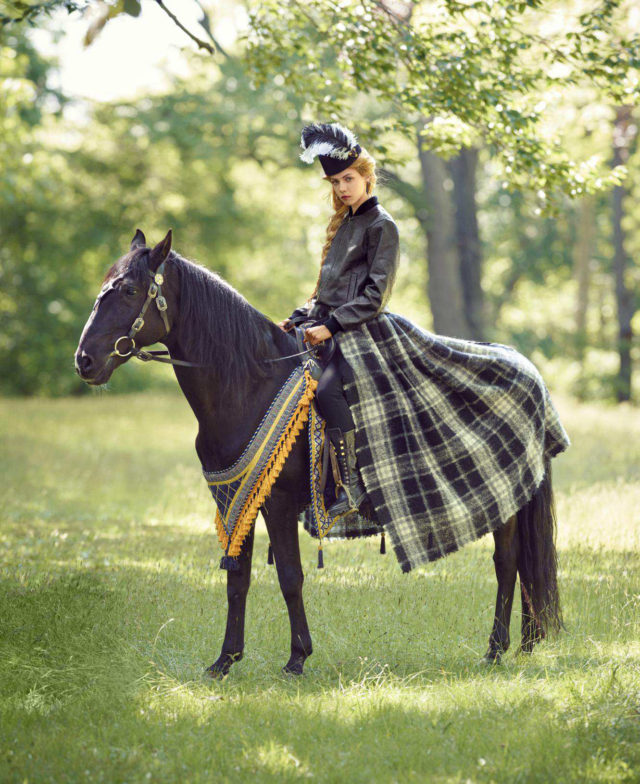 Julia Banas & Lea Julian for US Harper's Bazaar September 2018 - in tartan on horse