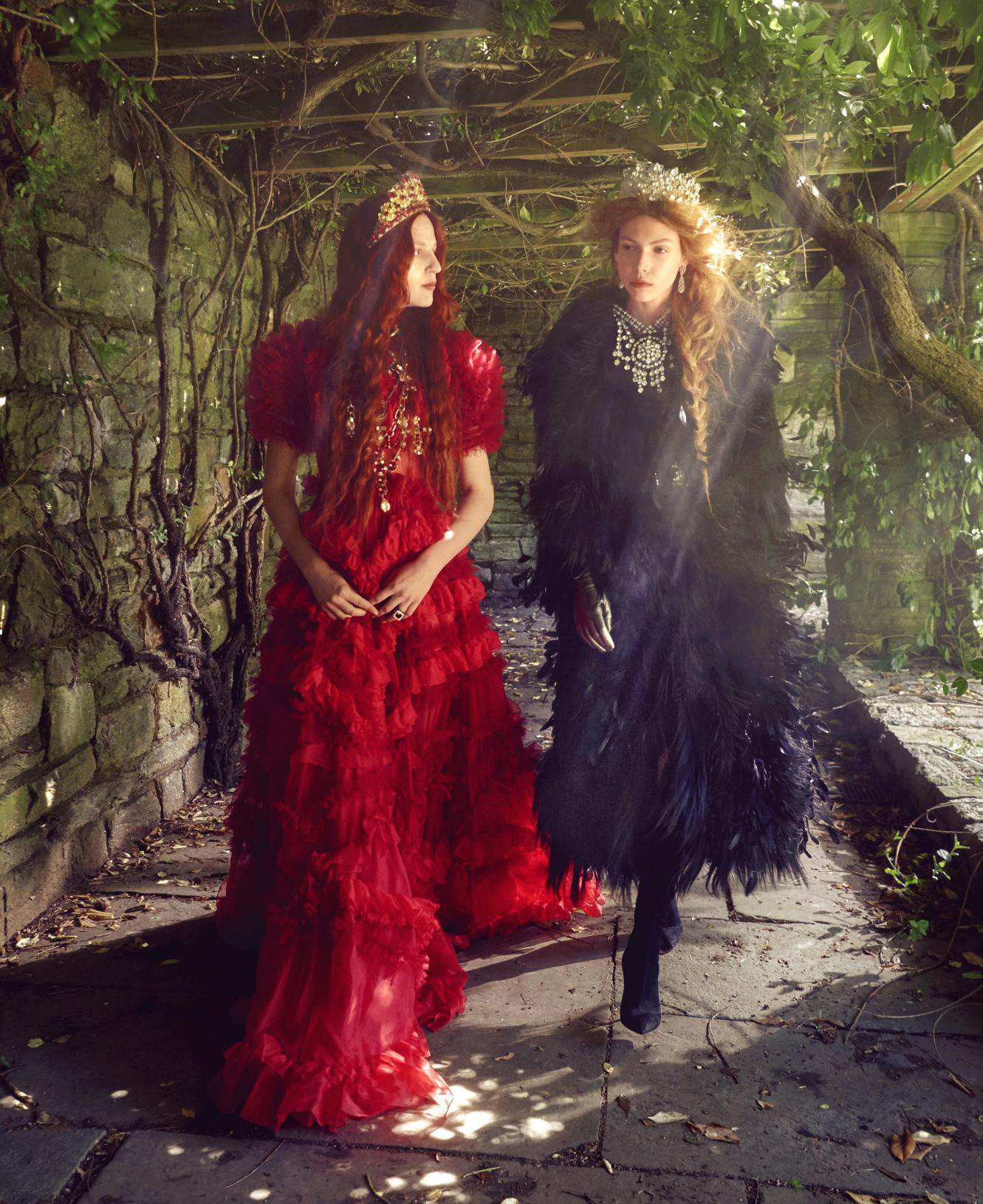 Julia Banas & Lea Julian for US Harper's Bazaar September 2018 - red and black dresses