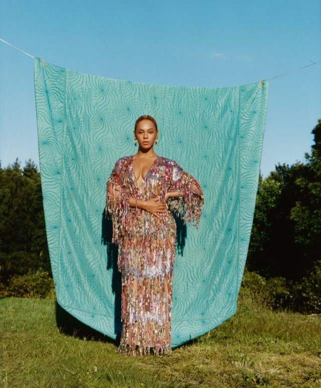 Beyoncé by Tyler Mitchell for US Vogue September 2018 - sequined dress against sheet