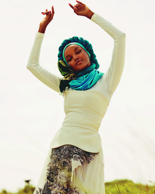 Halima Aden for UK Elle November 2018 - black and green scarf
