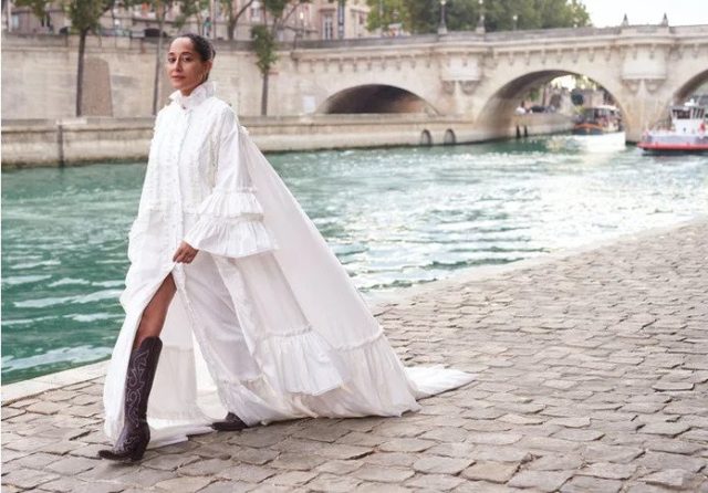 US InStyle November 2018 - Tracee Ellis Ross white dress and boots