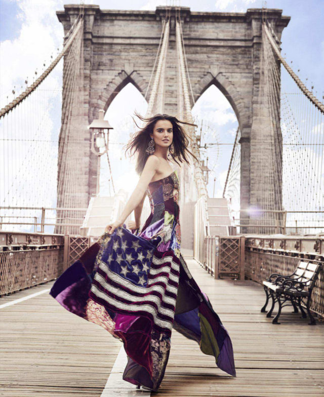 Blanca Padilla for US Harper’s Bazaar September 2018 - flag dress by Brooklyn Bridge