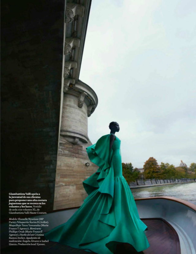 Shanelle Nyasiase by Texama Yeste for Vogue España December 2018 - Giambattista Vallu Haute couture gown with train