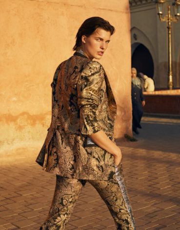 Julia van Os for Vogue Arabia March 2019 - brocade suit