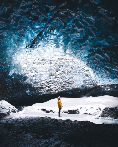 Winter in an Icelandic cave - against white and blue ceiling