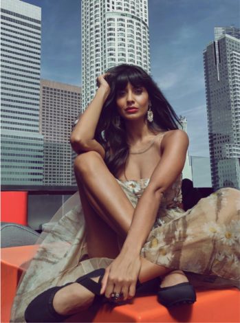 Jameela Jamil for Harper's Bazaar India May 2019 - sheer and floral embellished dress