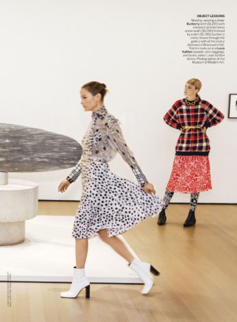Playing to the Gallery for US Vogue April 2019 - Caroline Murphy in Burberry shirt and Caroline Trentini in Louis Vuitton sweater