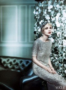 carey-mulligan-Vogue May 2013 on chaise in Oscar de la Renta- saved by Chic n Cheap Living