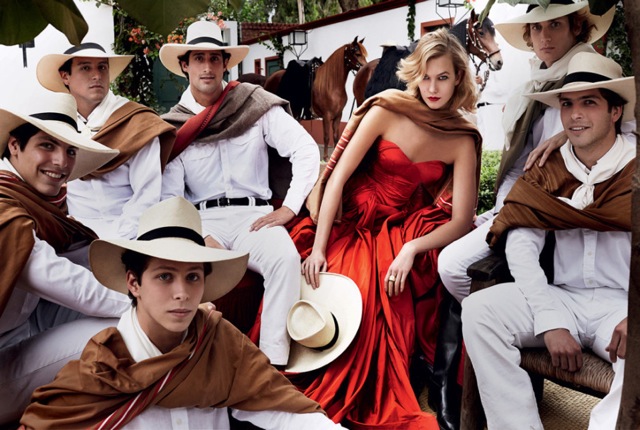 Horses Karlie Kloss in red dress Vogue September 2014