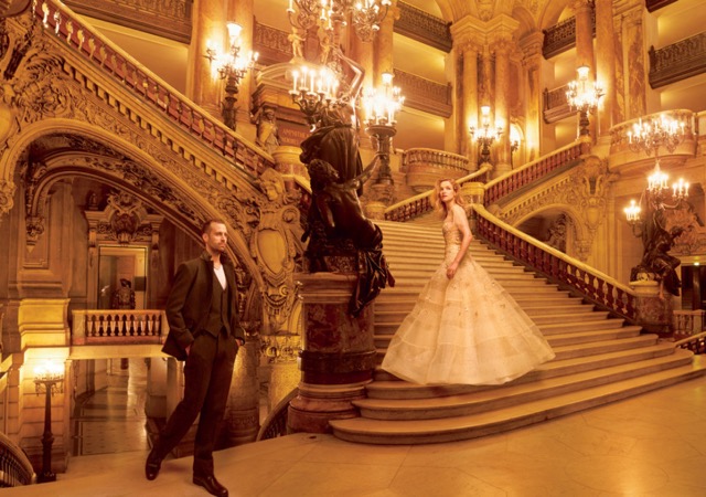 Grand Entrance Natalia Vodianova and Benjamin Millipied on stairs shot by Annie Leibovitz for US Vogue November 2014