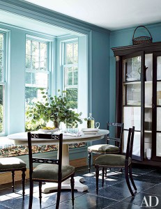 Baby blue breakfast area in CT home decorated by Miles Redd on Architectural Digest