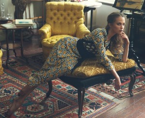 Alicia Vikander by David Bellemere for The Edit black yellow floral gown