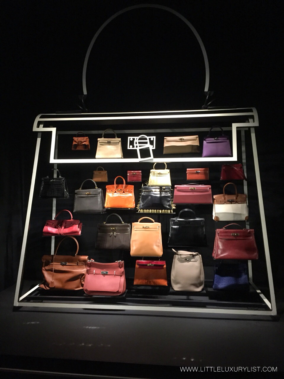 Hermes Leather Forever Kelly and Birkin display by little luxury list