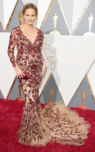 Oscars 2016 Best Dressed Chrissy Teigen in red and nude loral Marchesa gown
